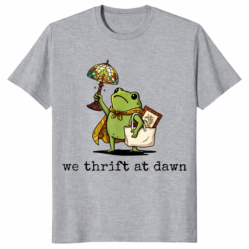 Sport Grey We Thrift At Dawn shirt with a funny frog thrifting collector graphic