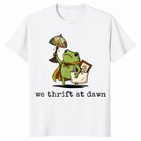 White We Thrift At Dawn shirt with a funny frog thrifting collector graphic