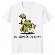 White We Thrift At Dawn shirt with a funny frog thrifting collector graphic