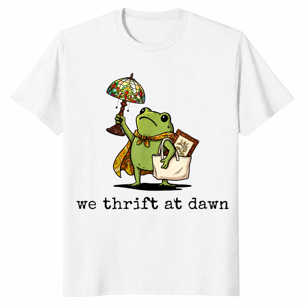 White We Thrift At Dawn shirt with a funny frog thrifting collector graphic