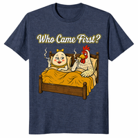 Who Came First adult humor graphic tee with bold chicken and egg cartoon artwork