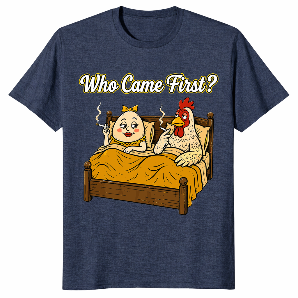 Who Came First adult humor graphic tee with bold chicken and egg cartoon artwork