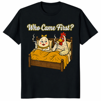 Who Came First Chicken Or Egg Funny T Shirt with cartoon chicken and egg adult humor design