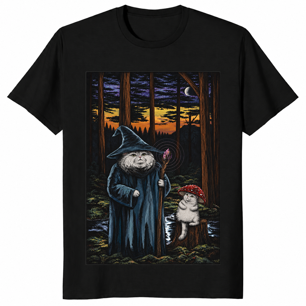 Black wizard cat shirt with a robed cat wizard and a mushroom kitten in a moonlit bog