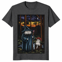 Dark heather grey wizard cat shirt, flat-lay front view