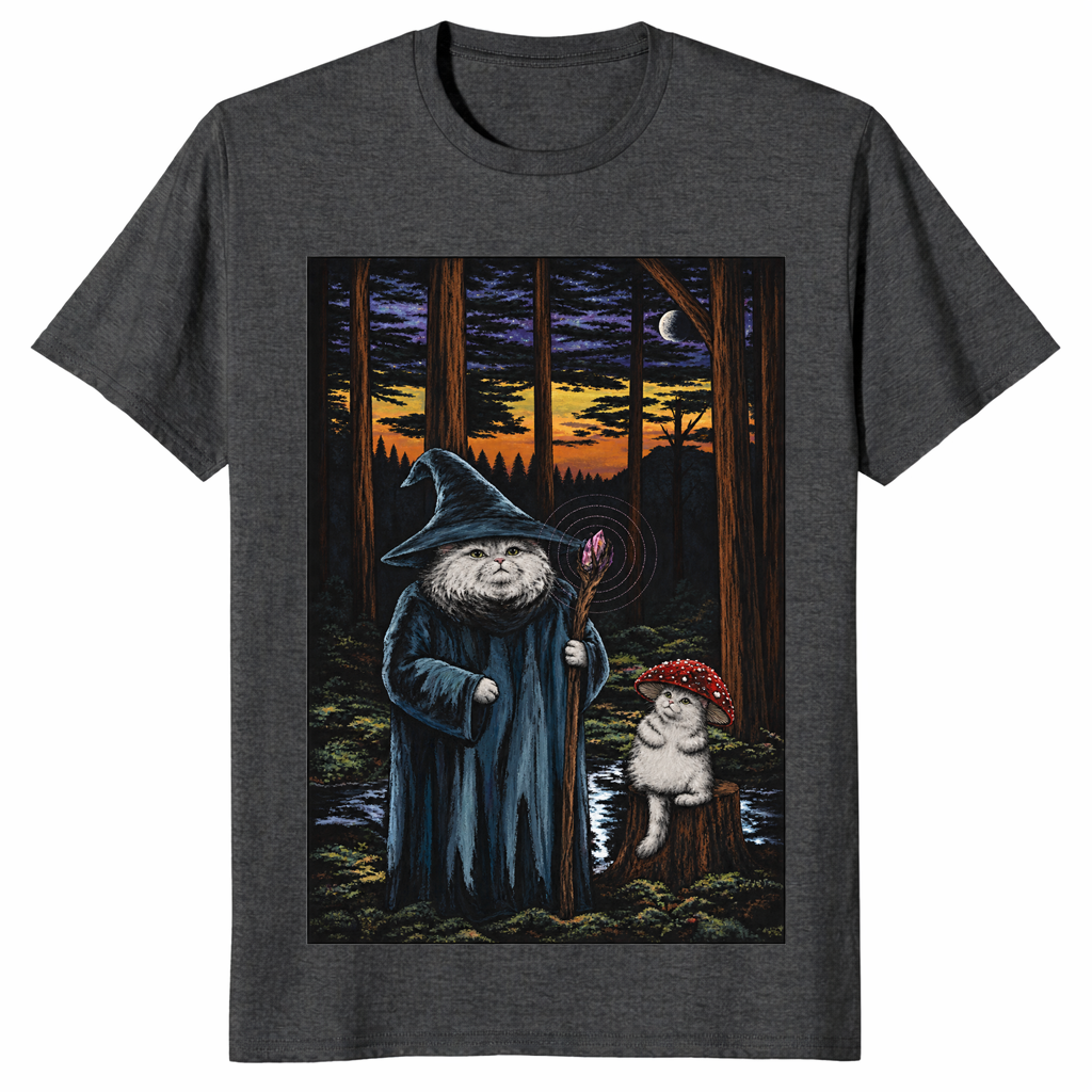 Dark heather grey wizard cat shirt, flat-lay front view