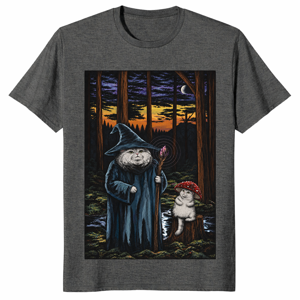 Dark heather fantasy wizard cat graphic t-shirt with mushroom kitten