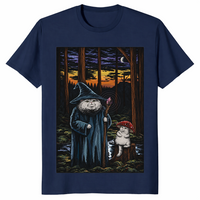 Navy cottagecore cat tee with painted forest wizard artwork