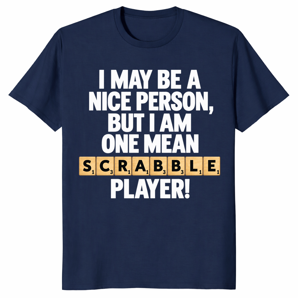 Word game player shirt in navy, funny game night slogan tee