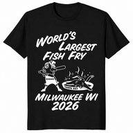 World's Largest Fish Fry tee in black with batter and fried ray