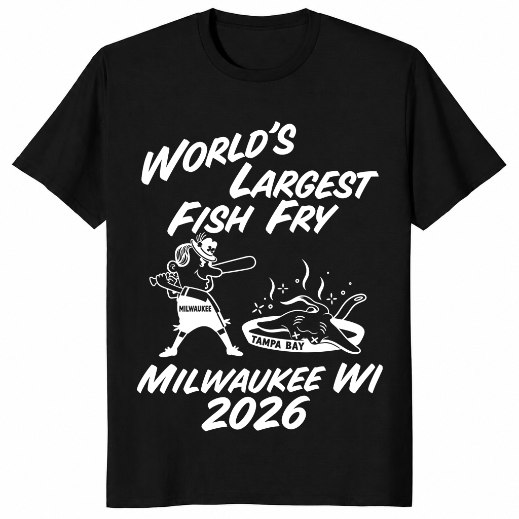 World's Largest Fish Fry tee in black with batter and fried ray
