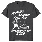 World's Largest Fish Fry tee in dark heather grey with batter and fried ray