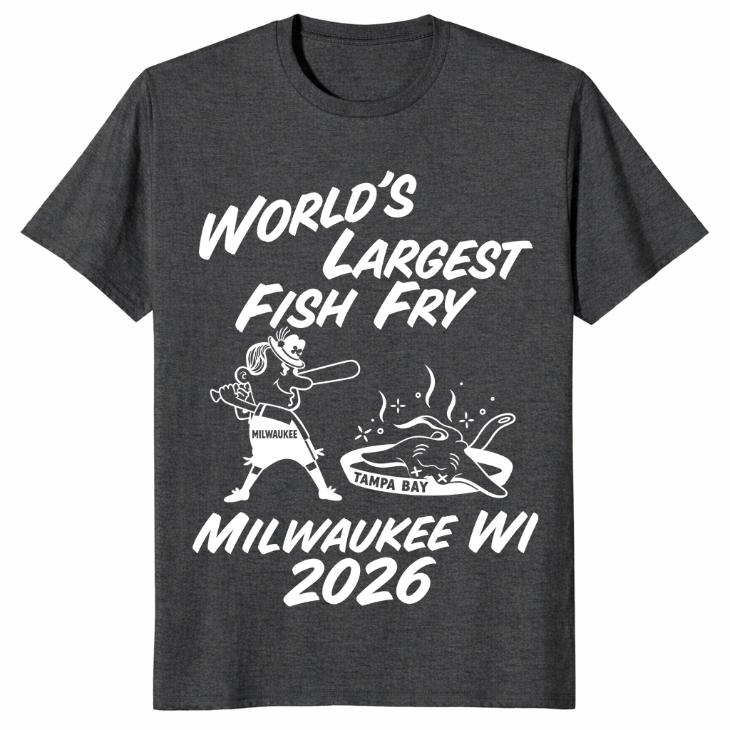 World's Largest Fish Fry tee in dark heather grey with batter and fried ray