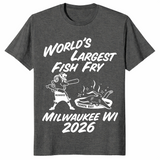 World's Largest Fish Fry tee in dark heather with batter and fried ray