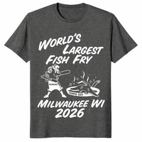 World's Largest Fish Fry tee in dark heather with batter and fried ray