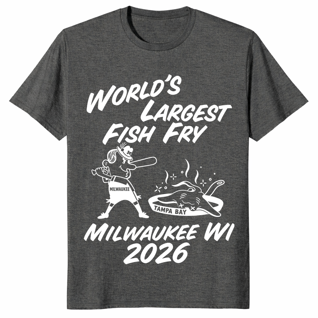 World's Largest Fish Fry tee in dark heather with batter and fried ray