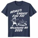World's Largest Fish Fry tee in heather navy with batter and fried ray