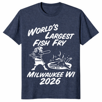 World's Largest Fish Fry tee in heather navy with batter and fried ray