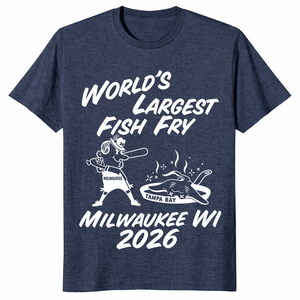World's Largest Fish Fry tee in heather navy with batter and fried ray