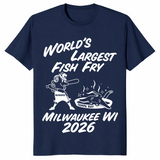 World's Largest Fish Fry tee in navy with batter and fried ray