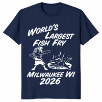 World's Largest Fish Fry tee in navy with batter and fried ray