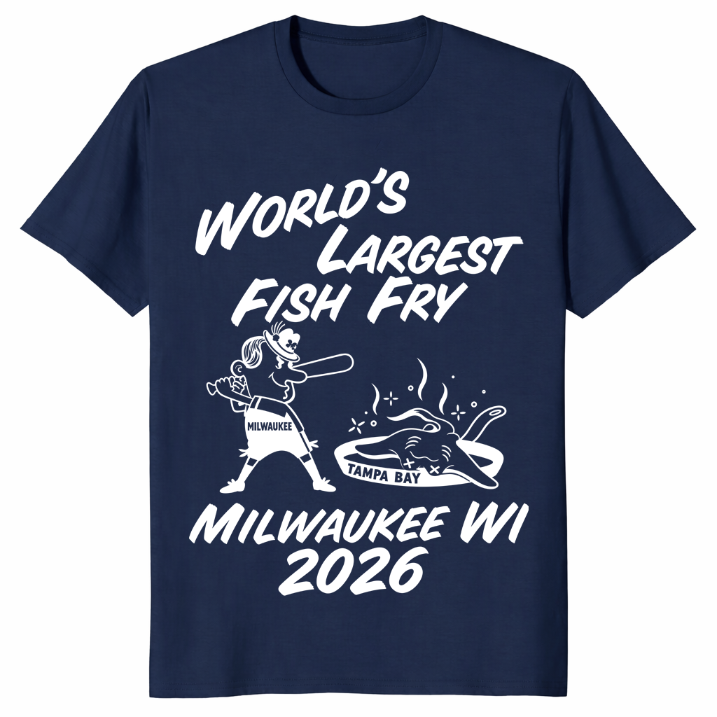 World's Largest Fish Fry tee in navy with batter and fried ray