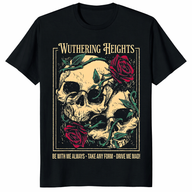 Wuthering Heights Shirt featuring dual skulls and red roses with Heathcliff quote