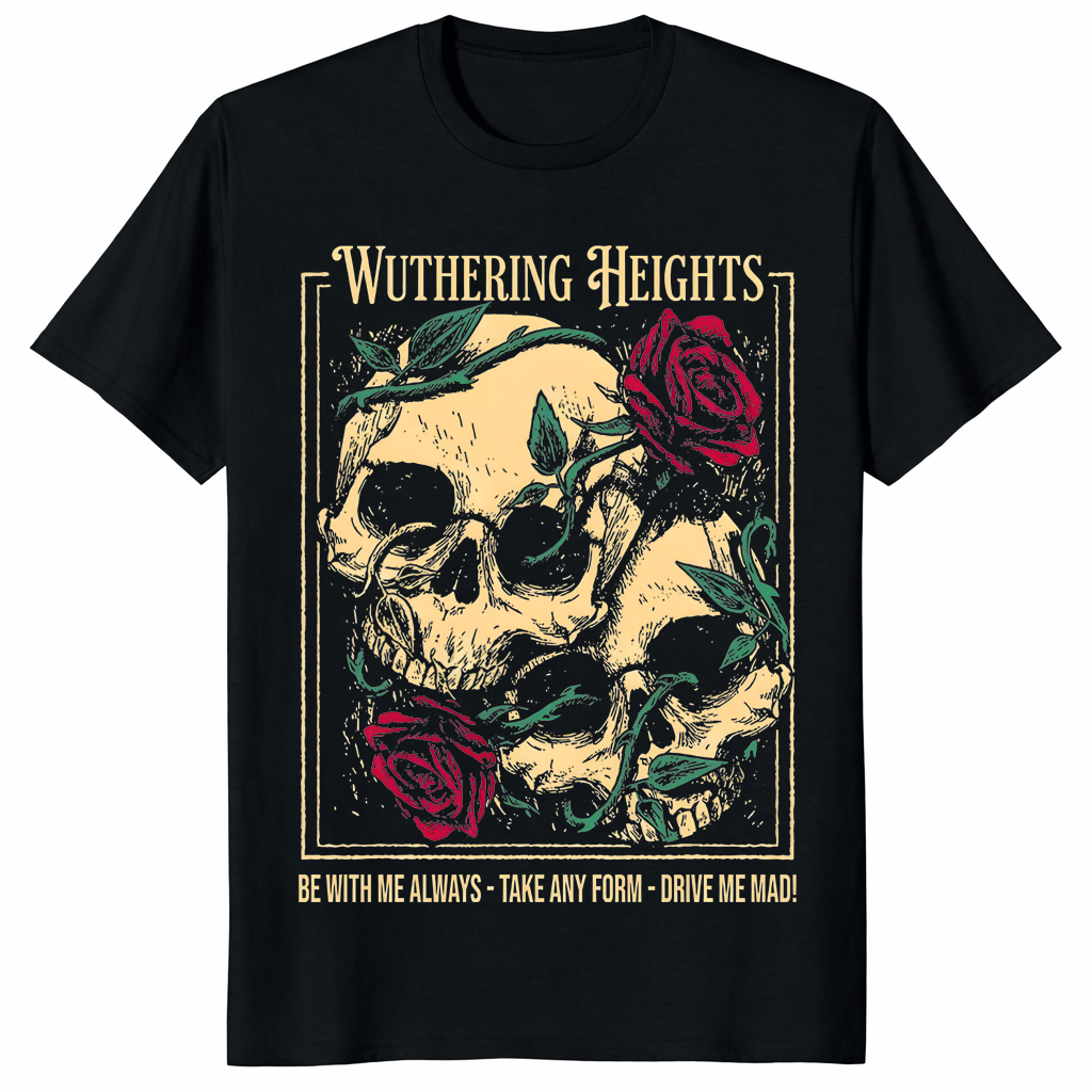 Wuthering Heights Shirt featuring dual skulls and red roses with Heathcliff quote