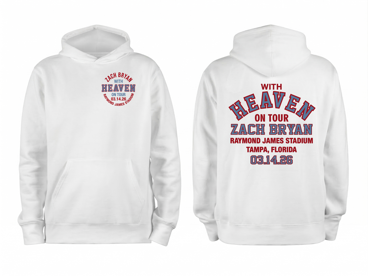 Front and back view of a white Zach Bryan With Heaven On Tour Raymond James Stadium Tampa Florida March 14 2026 concert hoodie.
