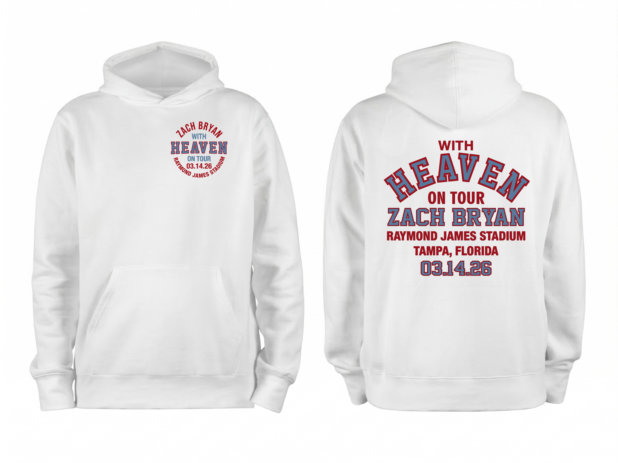 Front and back view of a white Zach Bryan With Heaven On Tour Raymond James Stadium Tampa Florida March 14 2026 concert hoodie.